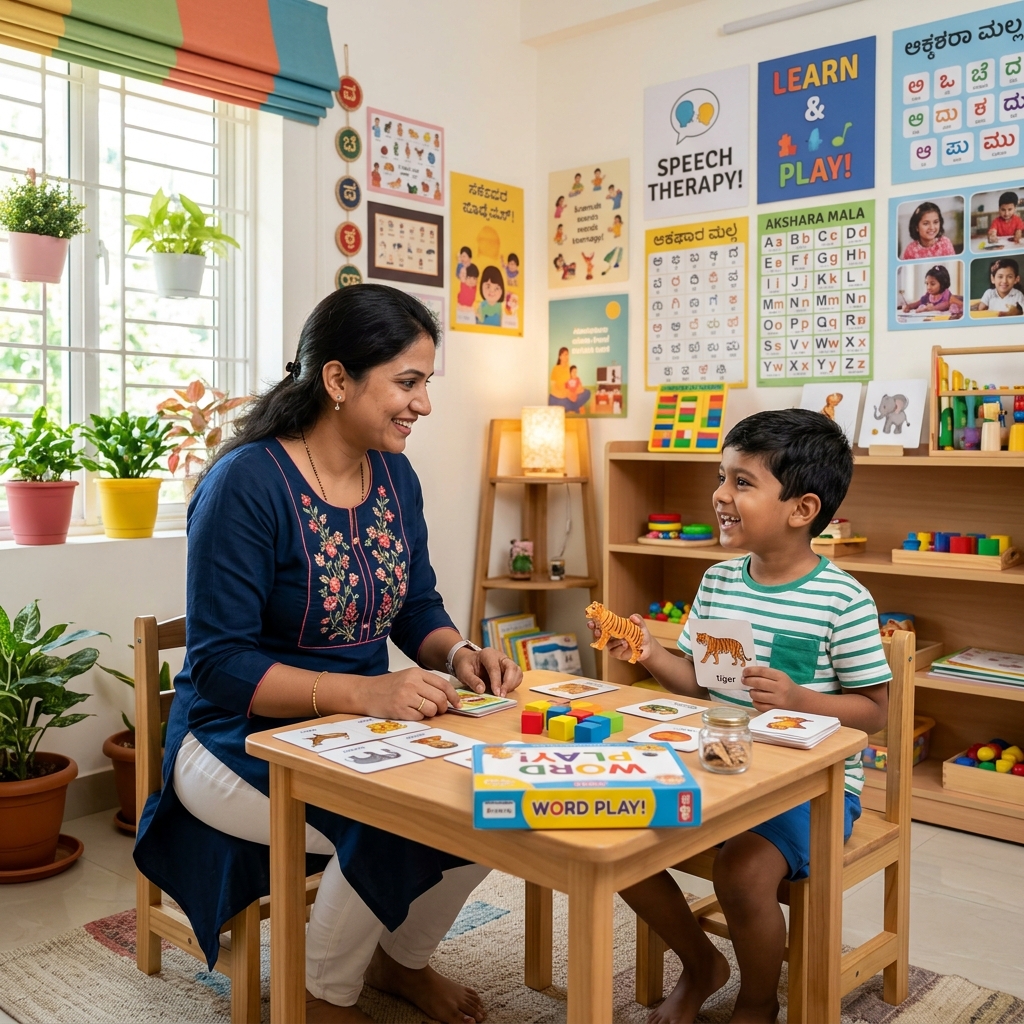 Indian child playing word game with pediatric speech therapist